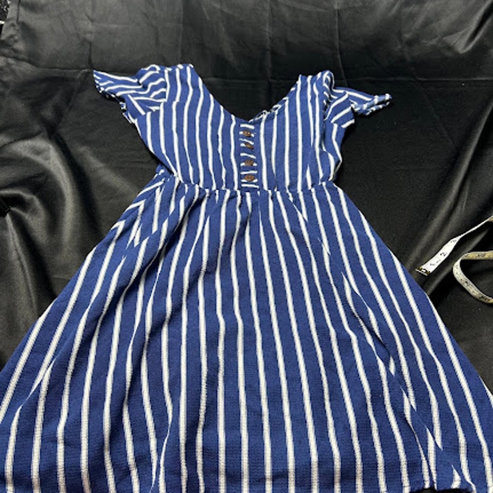 Crystal Sky Blue White Striped V-Neck Flutter Sleeve Button Front Mini Dress S